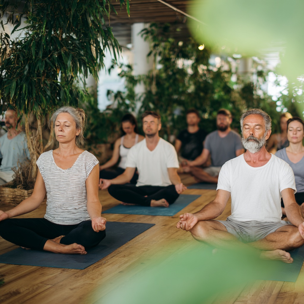Grup de adulți români de vârste diferite practicând yoga în natură, zâmbind și relaxați
